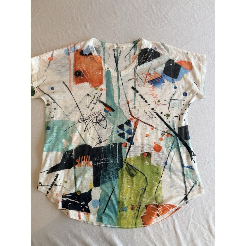 Jess & Jane Women Abstract Art Print Rhinestone V-Neck Knit Top Tee Small